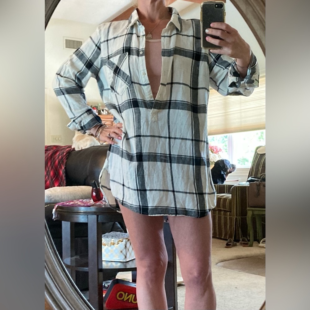 Merona Flannel Plaid White, Black and Gold Tunic Top XL